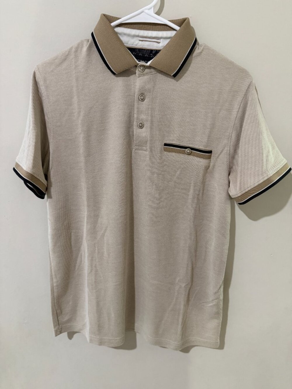 Men's Beige Tan Polo Shirt Short Sleeve Striped Textured Pocket Black Trim